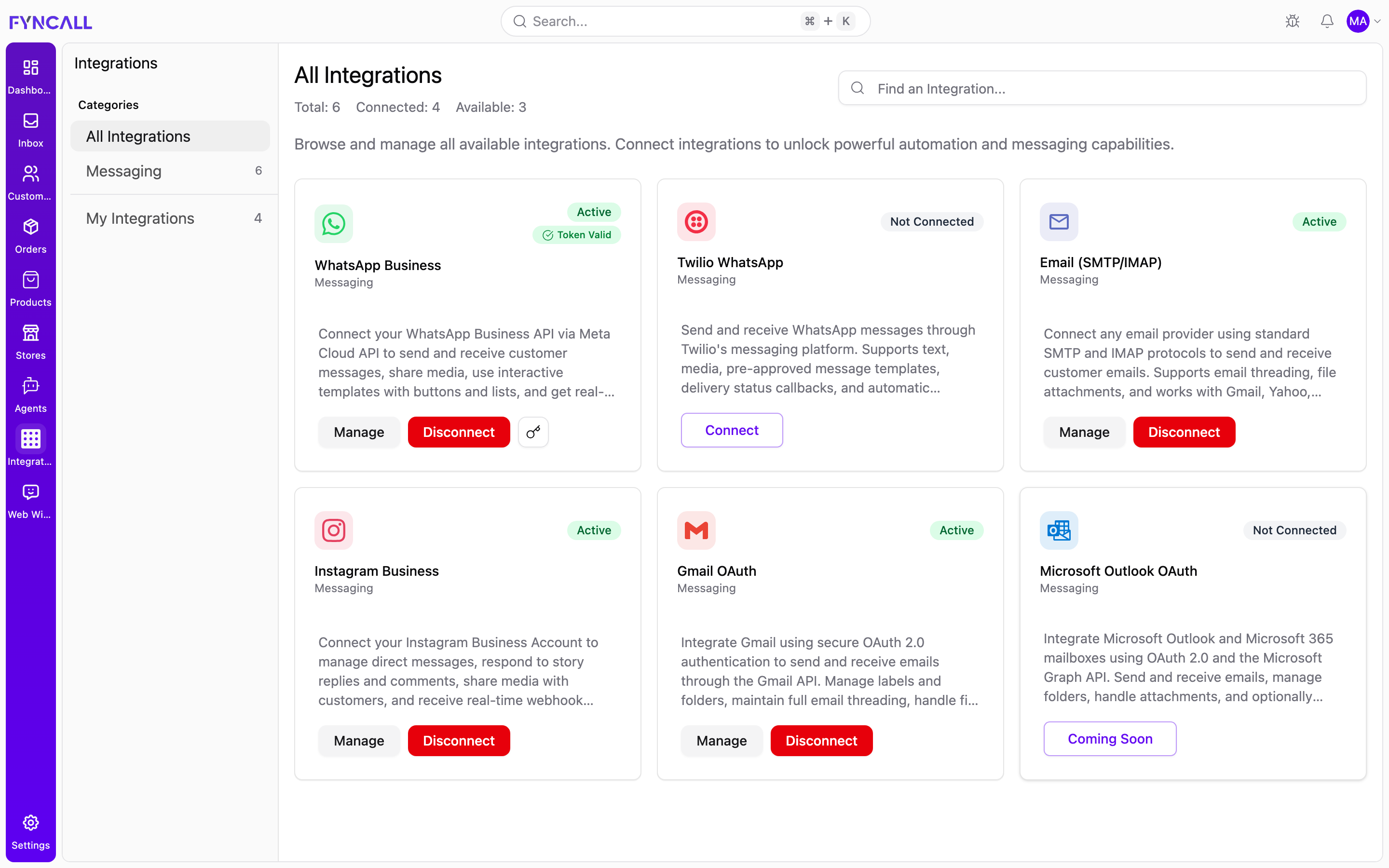 Integrations catalog showing the categories sidebar, search bar, status counts, and integration cards
