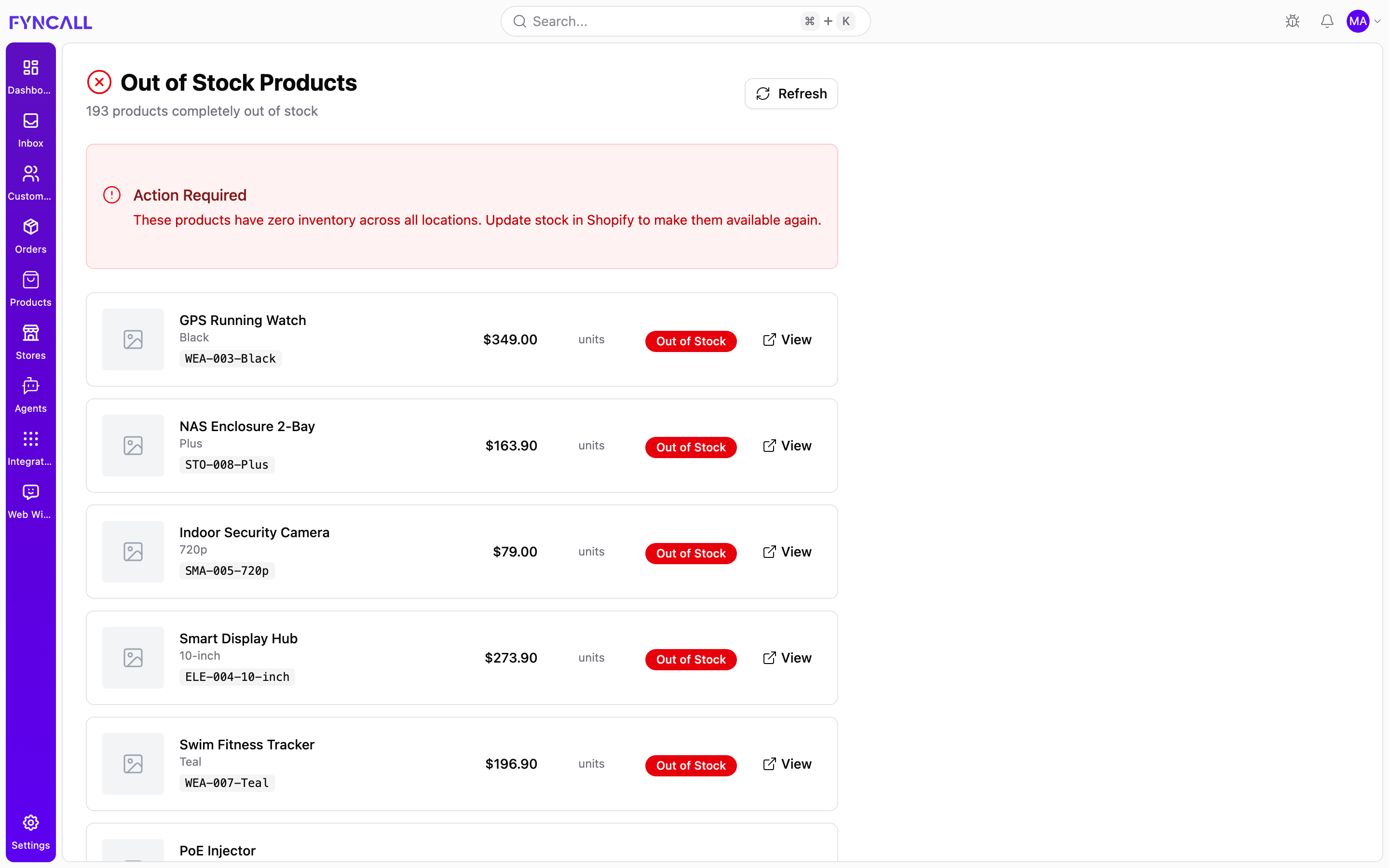 Out of stock products