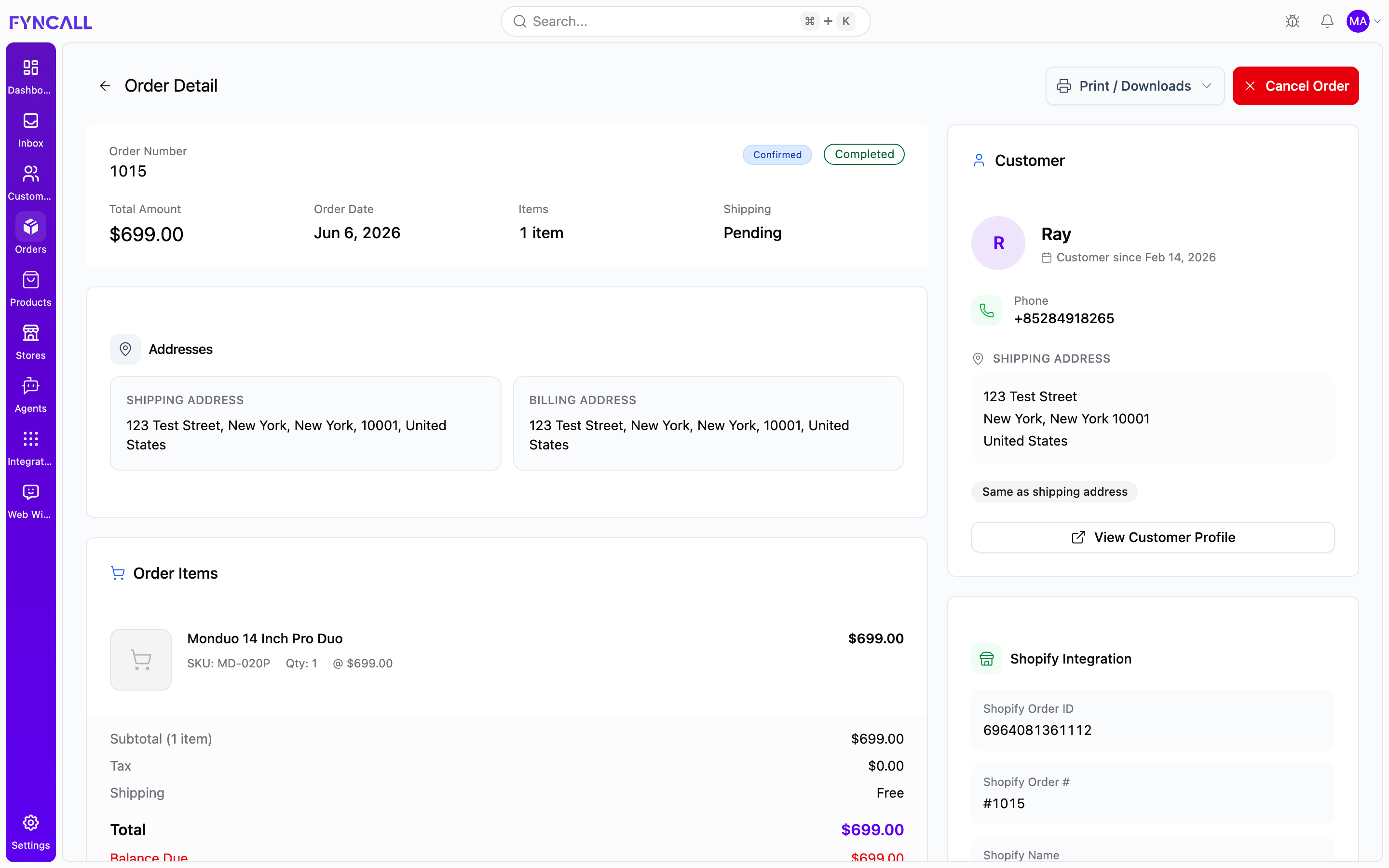 A real order detail page showing the order summary, items, addresses, customer, and Shopify integration