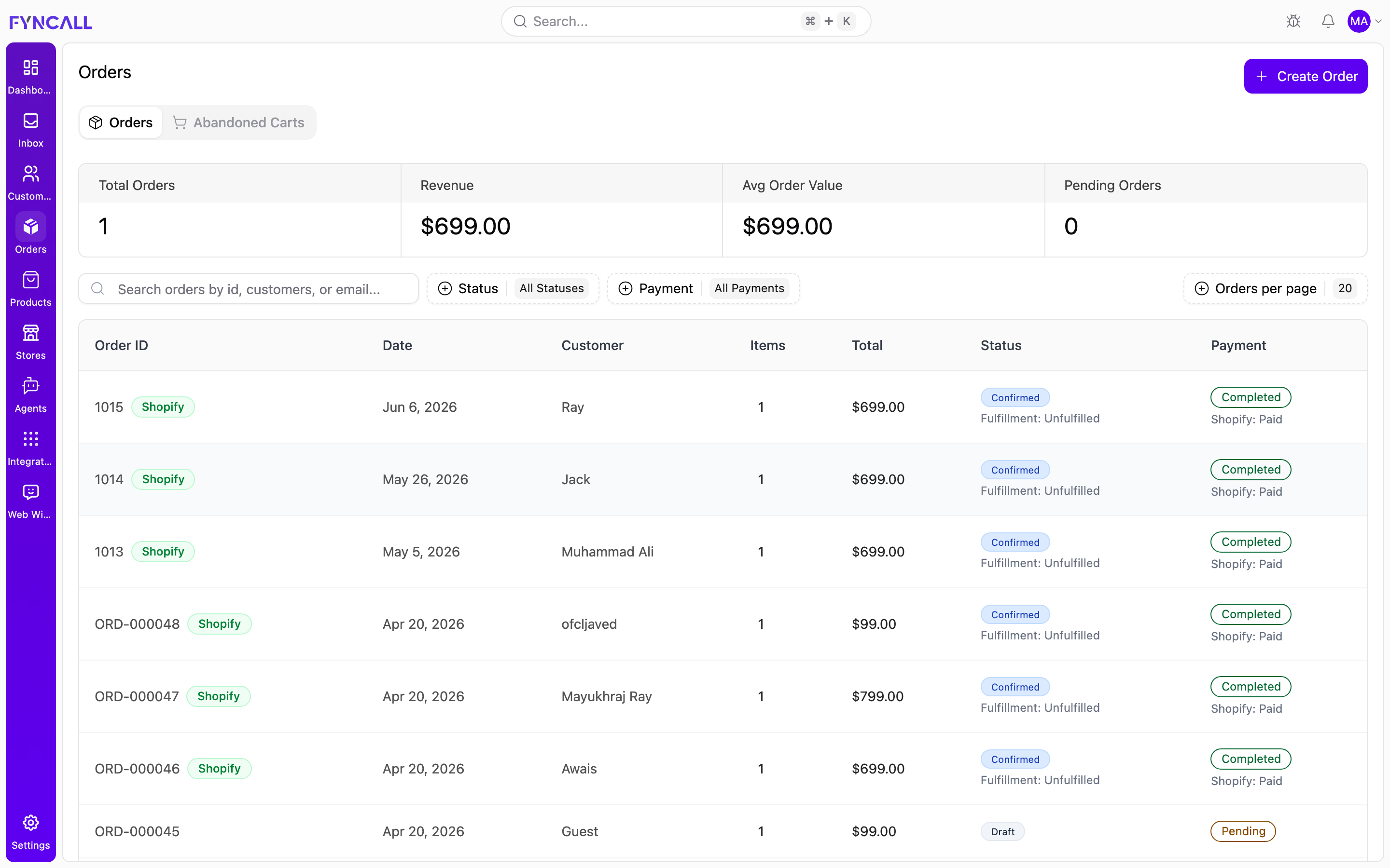 Orders list showing real synced orders with Shopify badges, customers, statuses, and payments