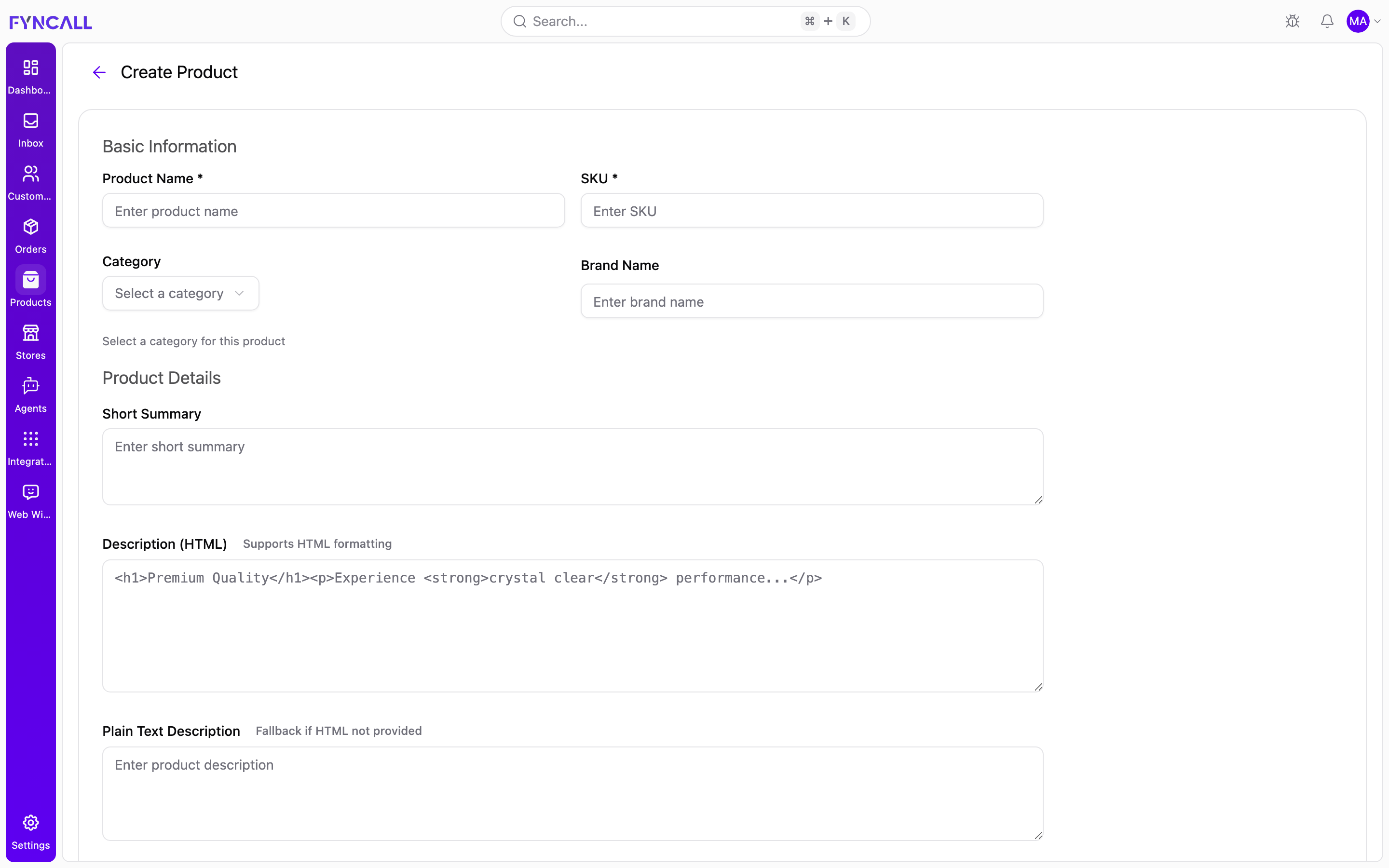 Create product form