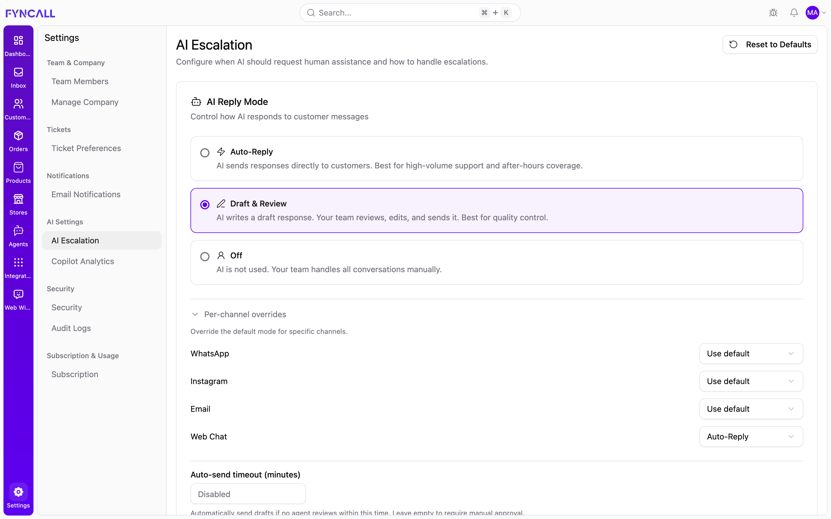 AI Escalation settings
