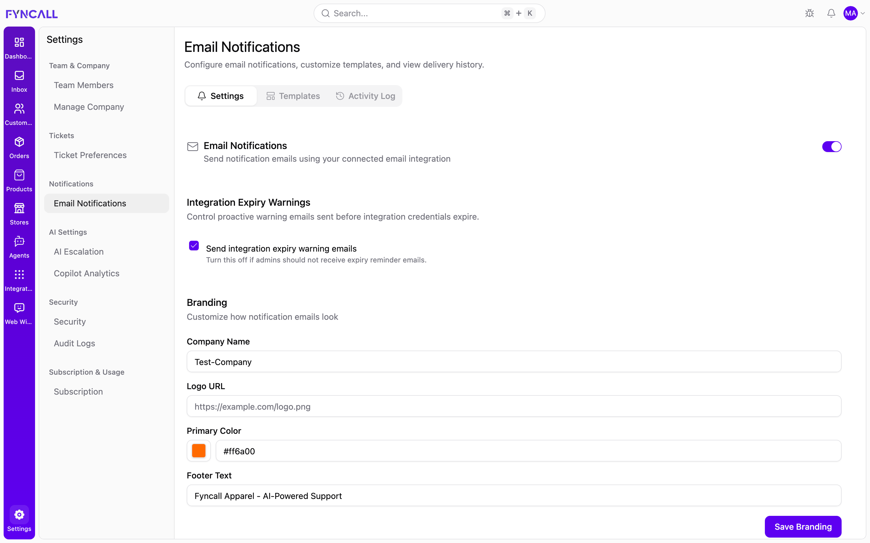 Email Notifications settings
