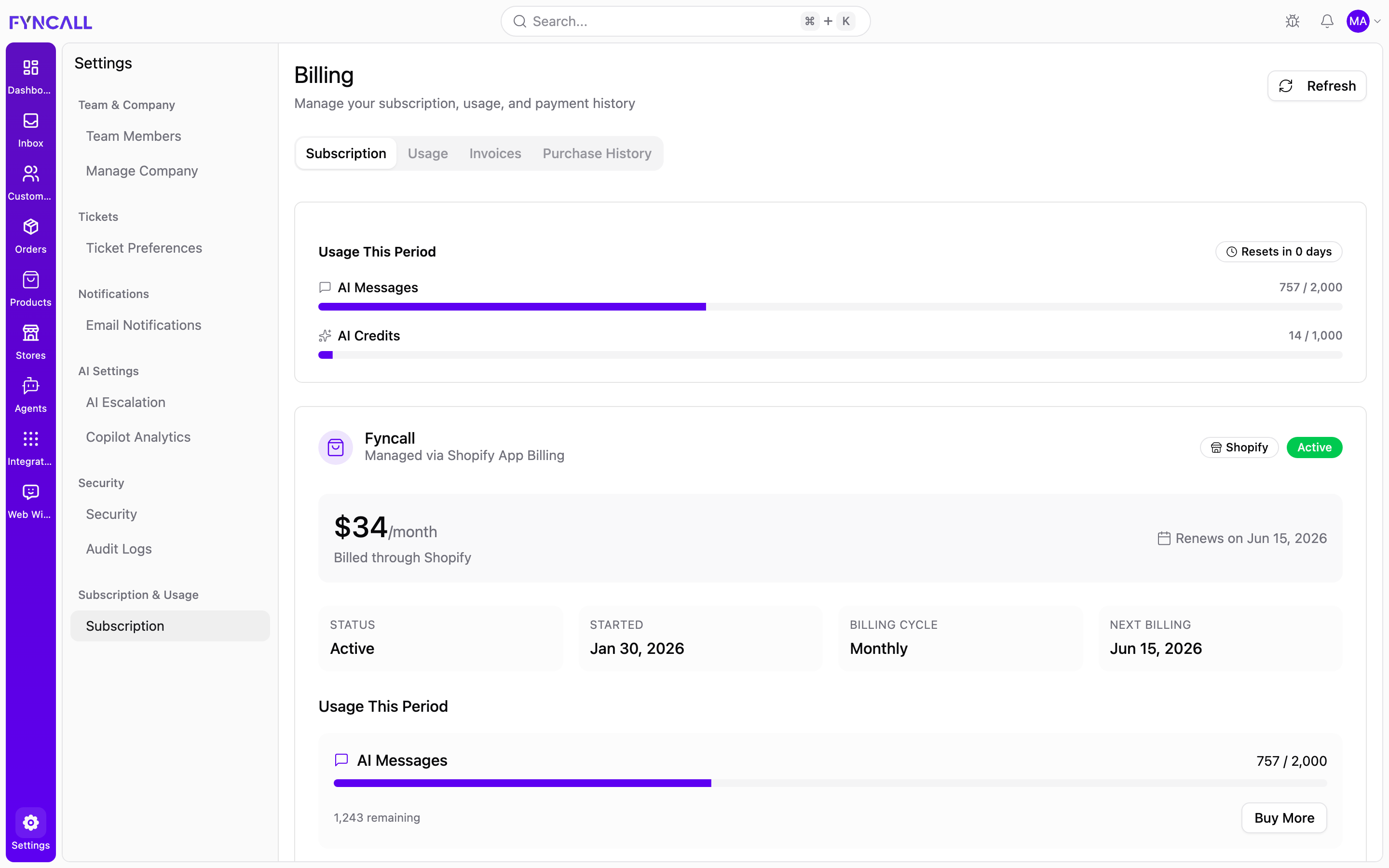 Subscription settings