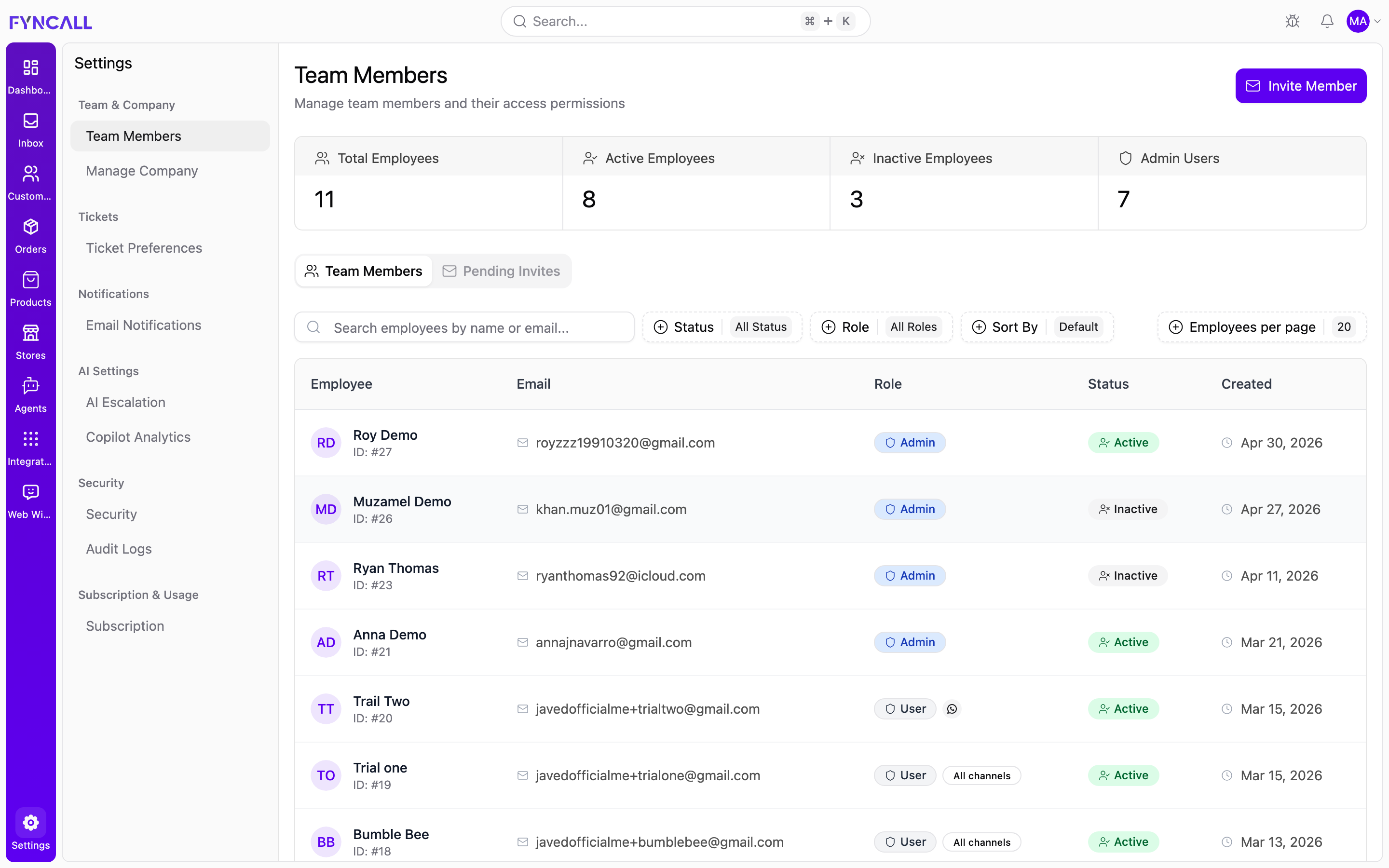 Team Members settings