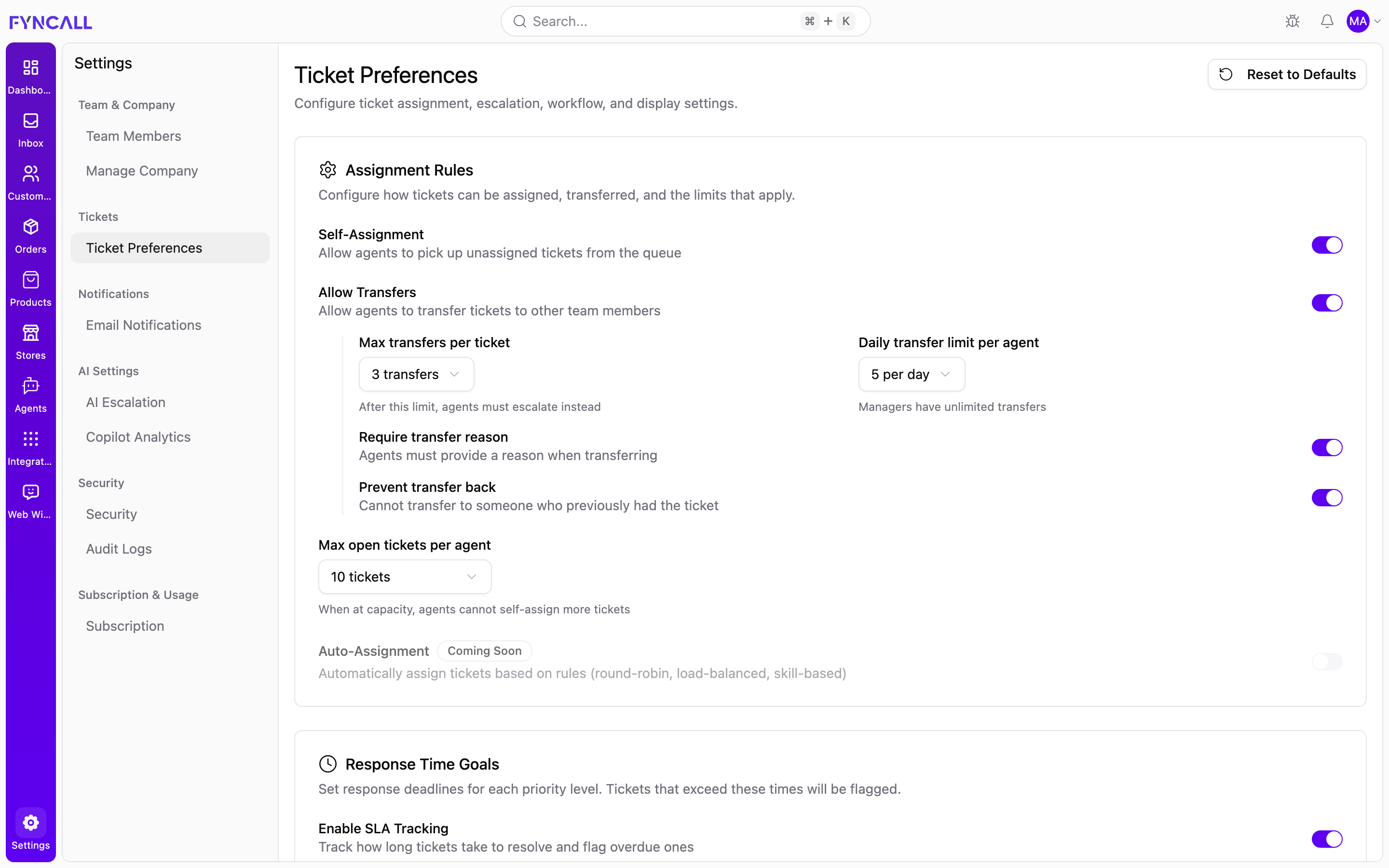 Ticket Preferences settings