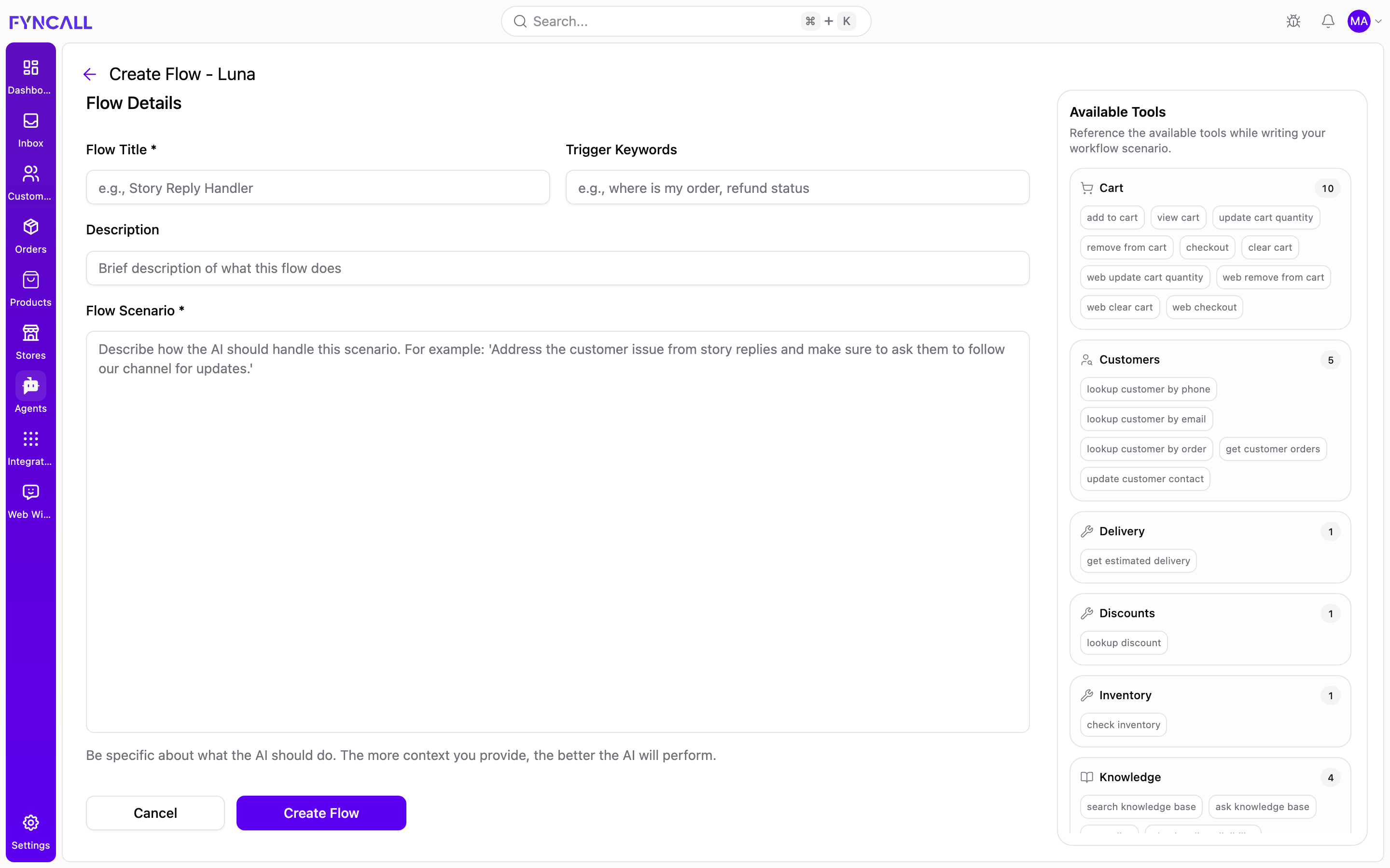 Create Flow form for the Web agent (Luna)