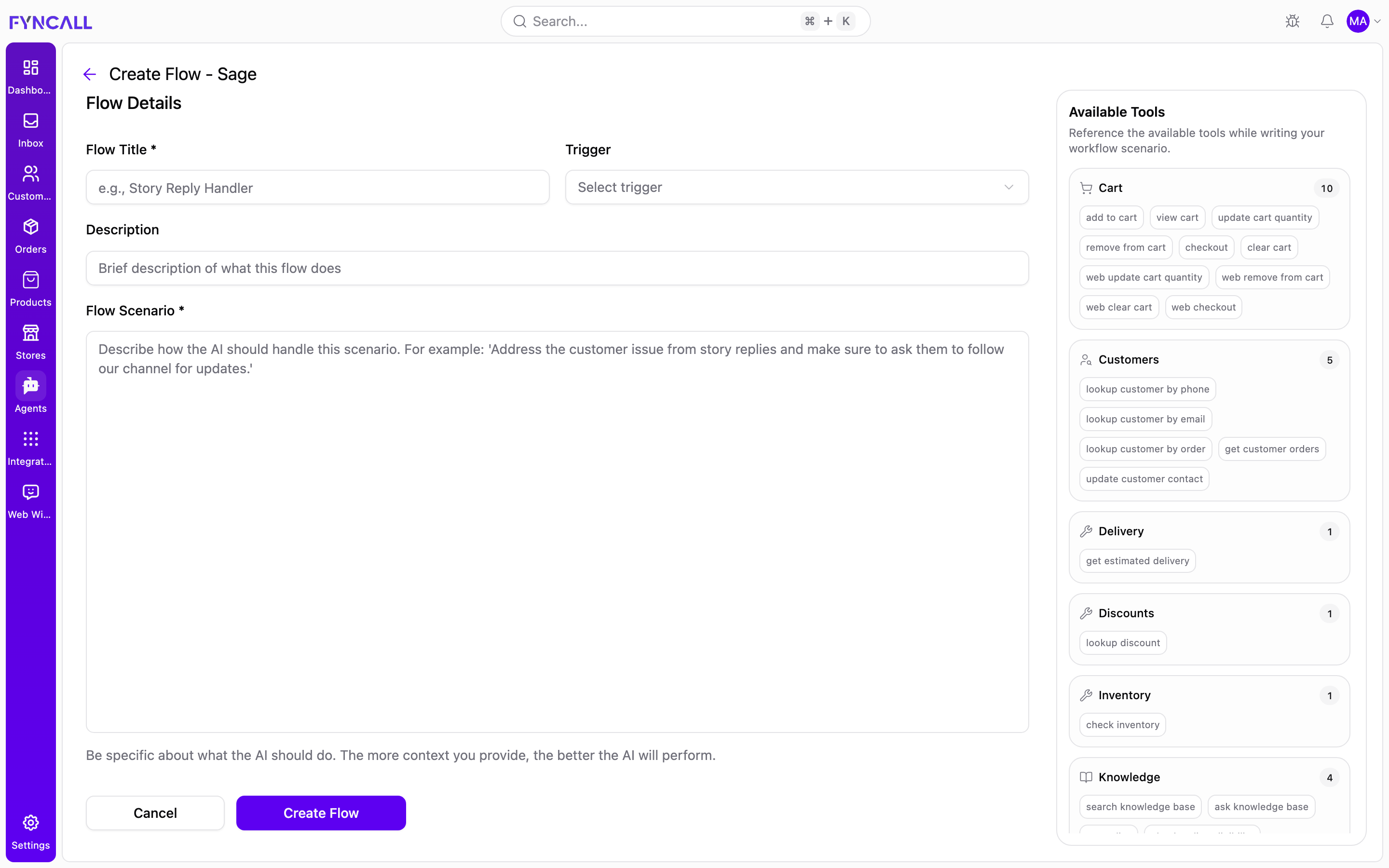 Create Flow for the Instagram agent (Sage) — trigger dropdown and Available Tools panel