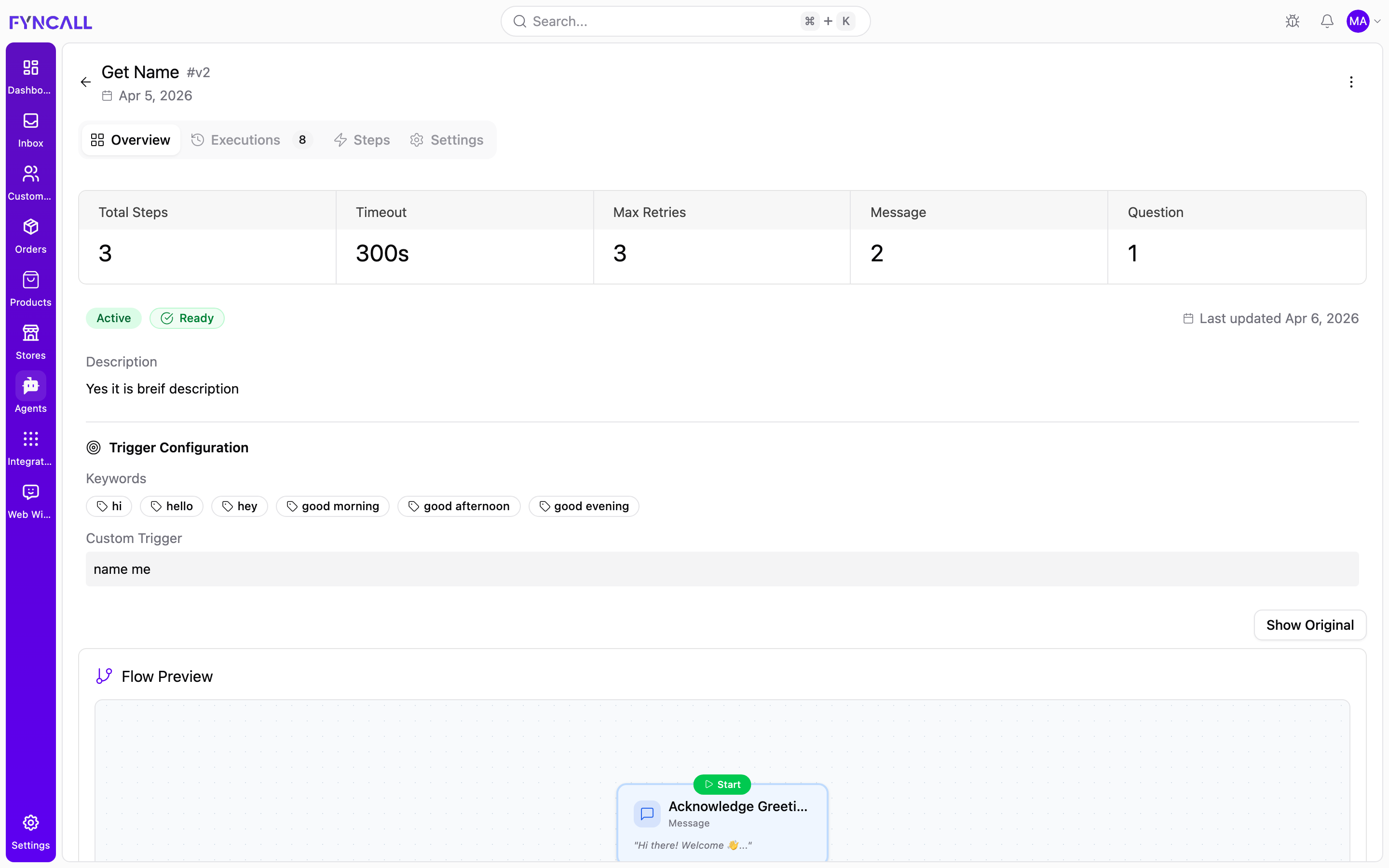 A flow's Overview — steps, timeout, retries, trigger keywords, and flow preview