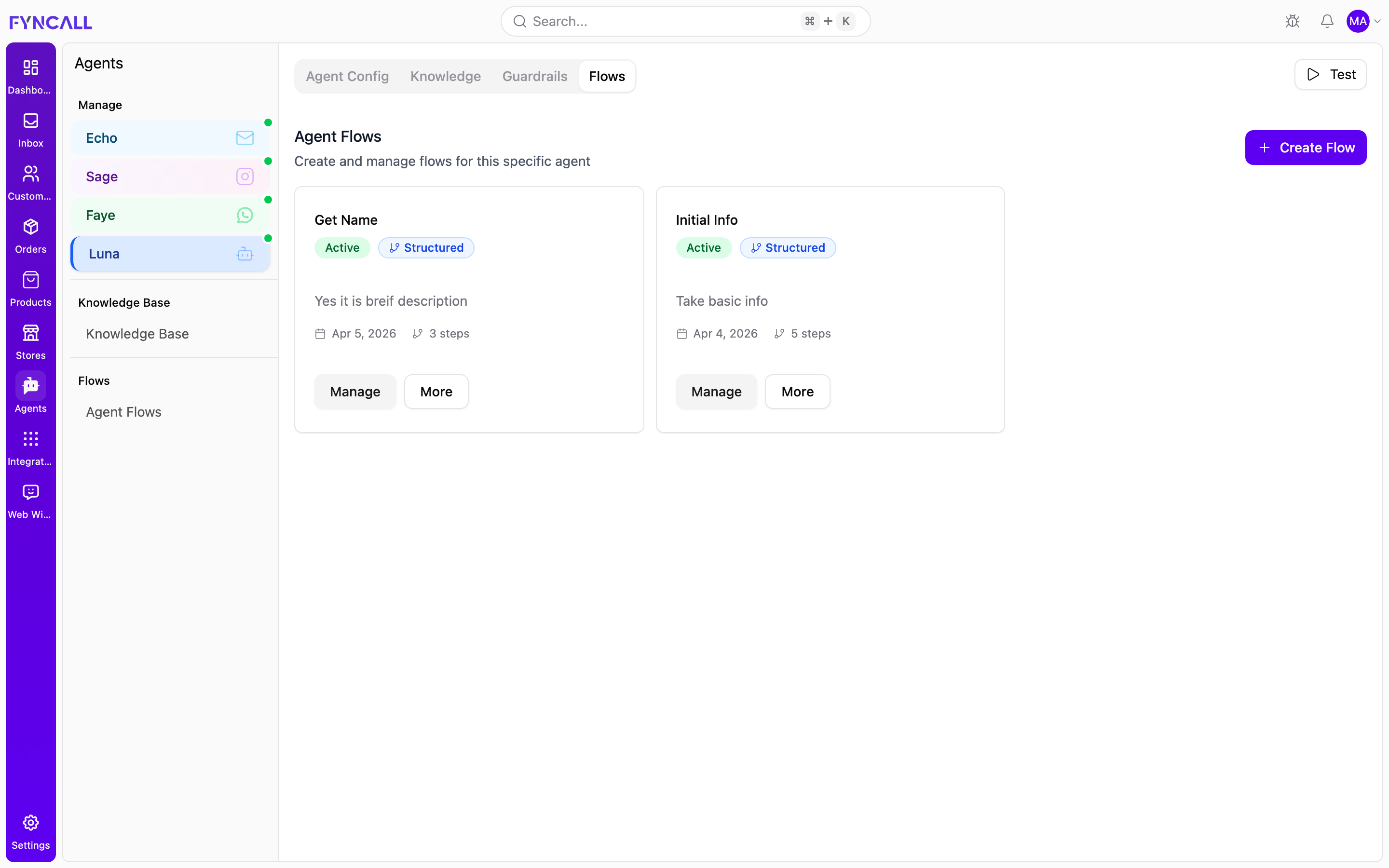 Agent Flows tab with flow cards